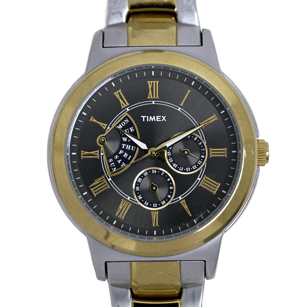 Timex Retrograde Men's Two Tone Watch Quartz Day Date T2M423 Brown Dial 43mm